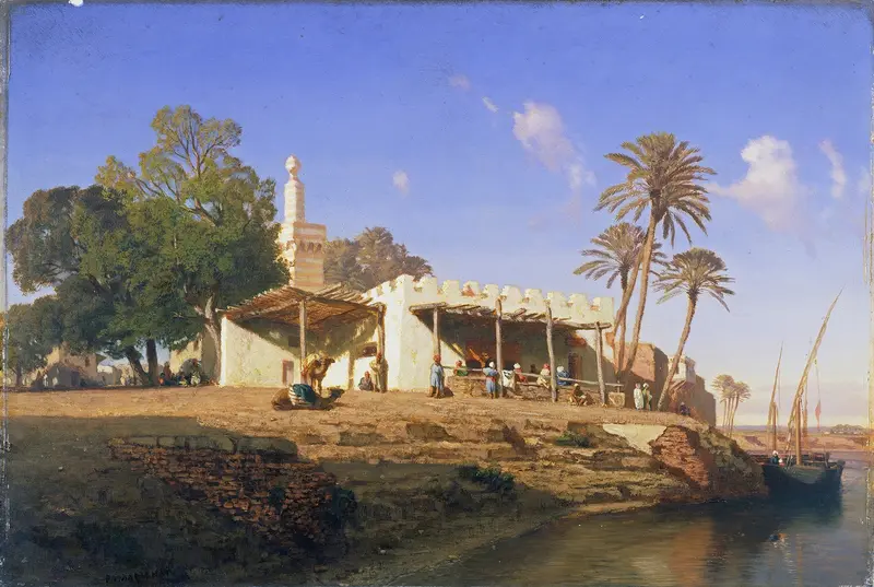 On the Banks of the Nile, oil on canvas by Prosper Marilhat, depicting a river and figures at dusk.