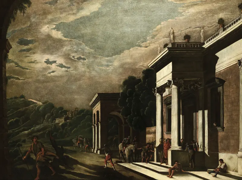 A dramatic sky looms over an imagined ancient architecture populated by figures in various poses.