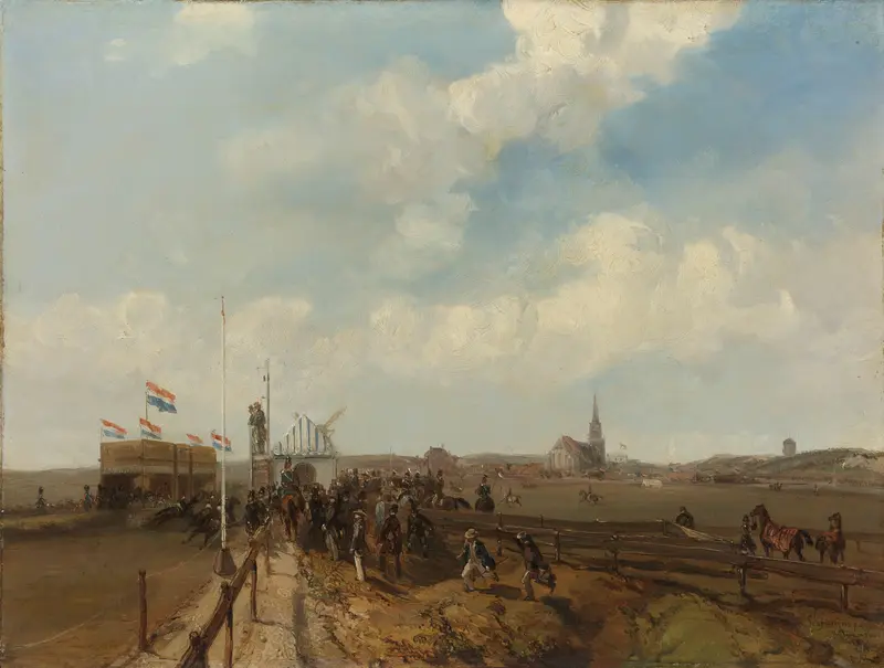 Racetrack at Scheveningen by Charles Rochussen, oil painting of a lively horse race.
