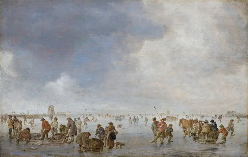Winter scene on the ice by Jan van Goyen, depicting skaters on a frozen river.