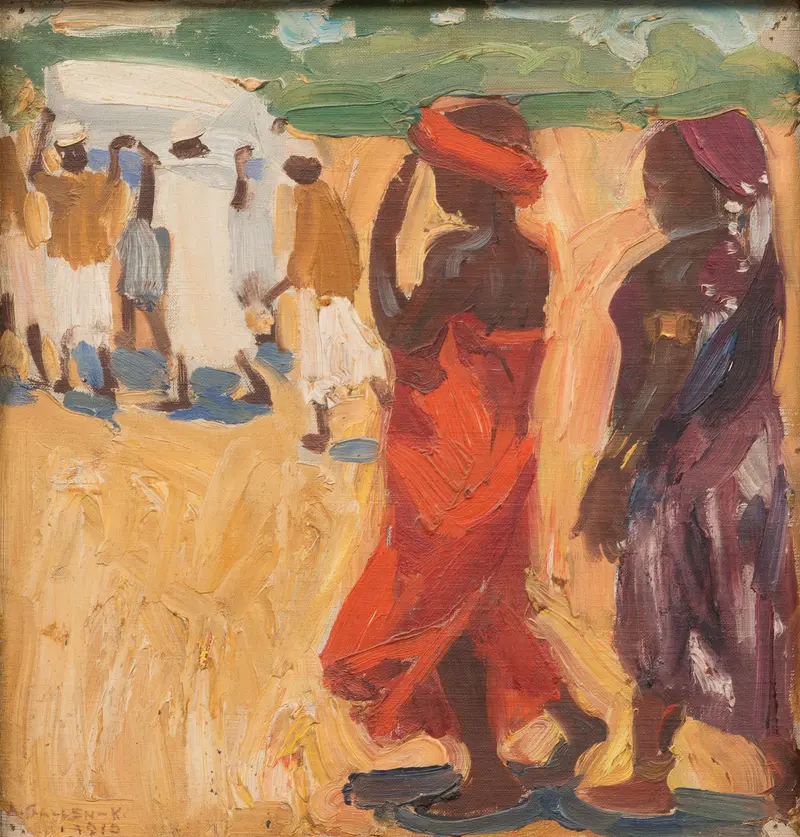 A vibrant scene featuring two women in red and purple, moving purposefully against a backdrop of ochre earth and shadowed figures.