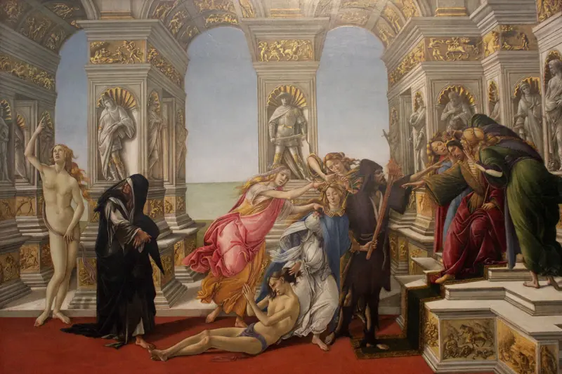 Nine figures in an ornate palace interior show a nude woman pointing upward, a youth seized by a torch-bearing woman, and a crowned king with donkey ears on a throne.