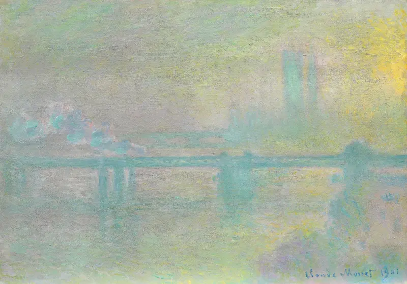 Charing Cross Bridge, London by Claude Monet, oil on canvas depicting twilight over the Thames