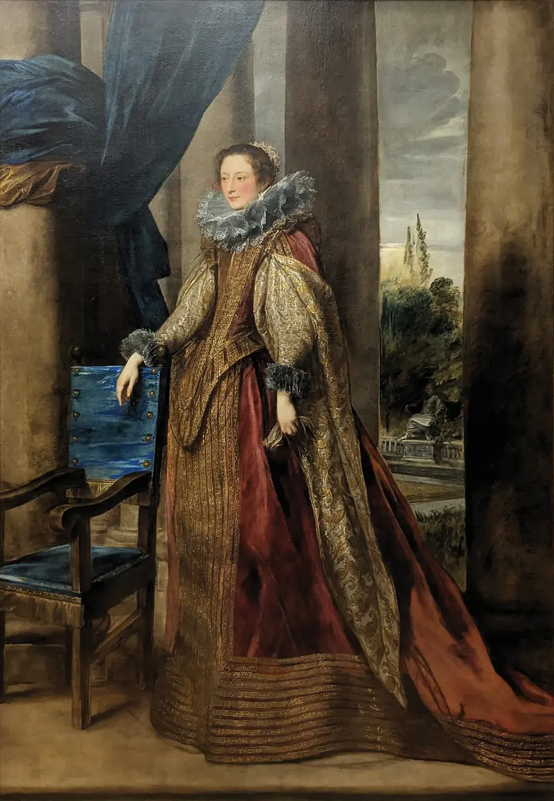 Portrait of a Genoese Lady by Anthony van Dyck, showcasing a woman in a black dress with intricate details.