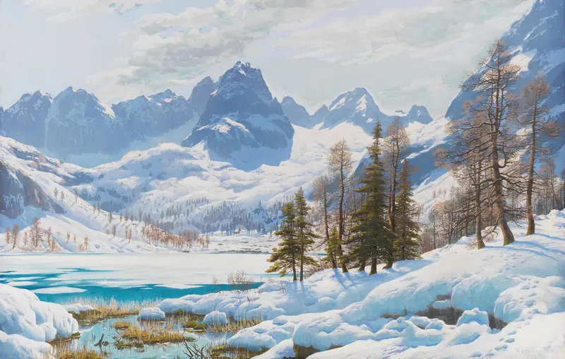 Lake and mountains in Seebensee bei Ehrwald, oil on canvas by Rudolf Reschreiter