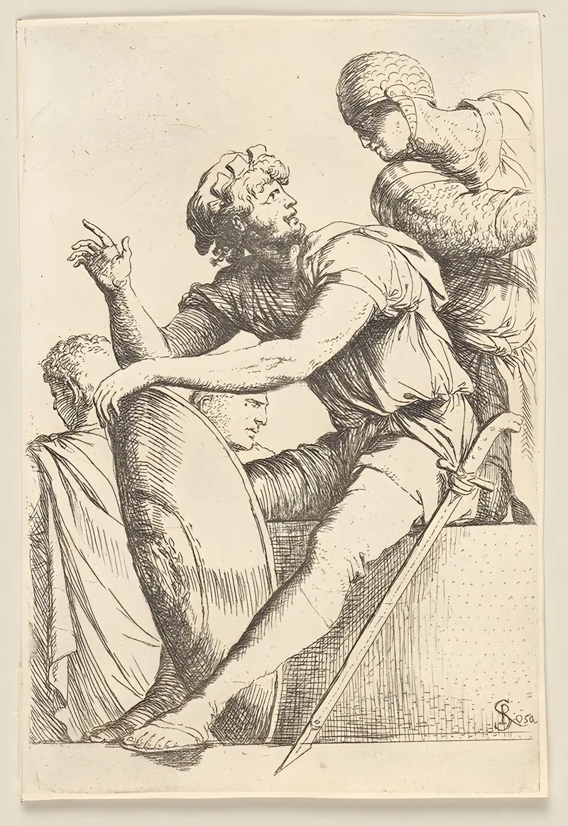 Salvator Rosa's painting features a seated soldier with a shield and two other figures.