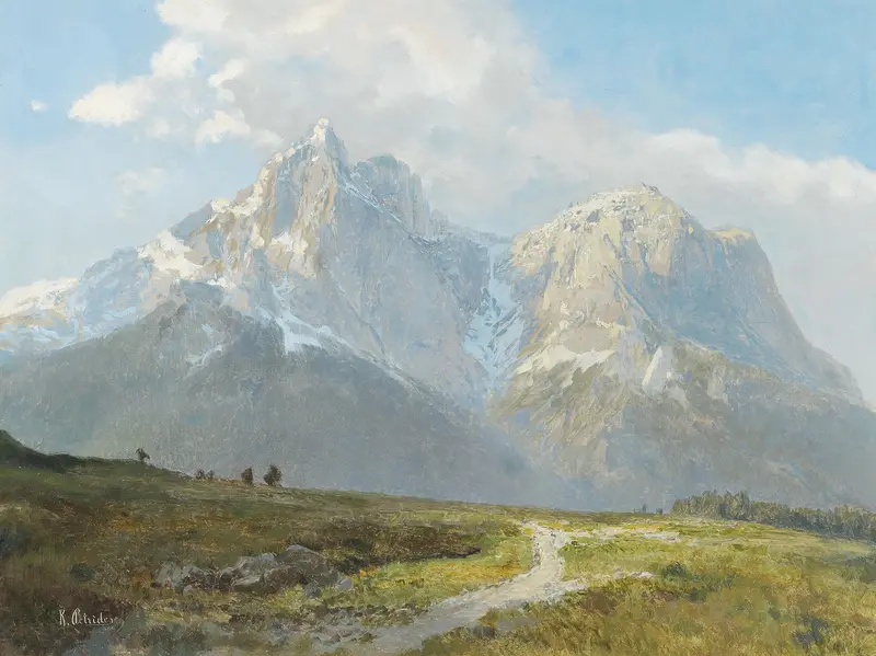 Mountain landscape oil painting by Konrad Petrides featuring hills and majestic mountains.