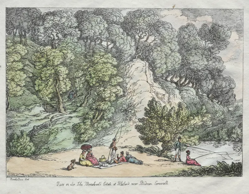 Landscape view of Sir John Moreshead’s Estate in Cornwall by Thomas Rowlandson, oil painting