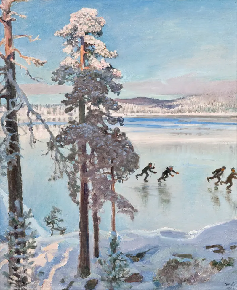 Skaters on ice by Akseli Gallen-Kallela, capturing movement and sunlight in a winter scene.