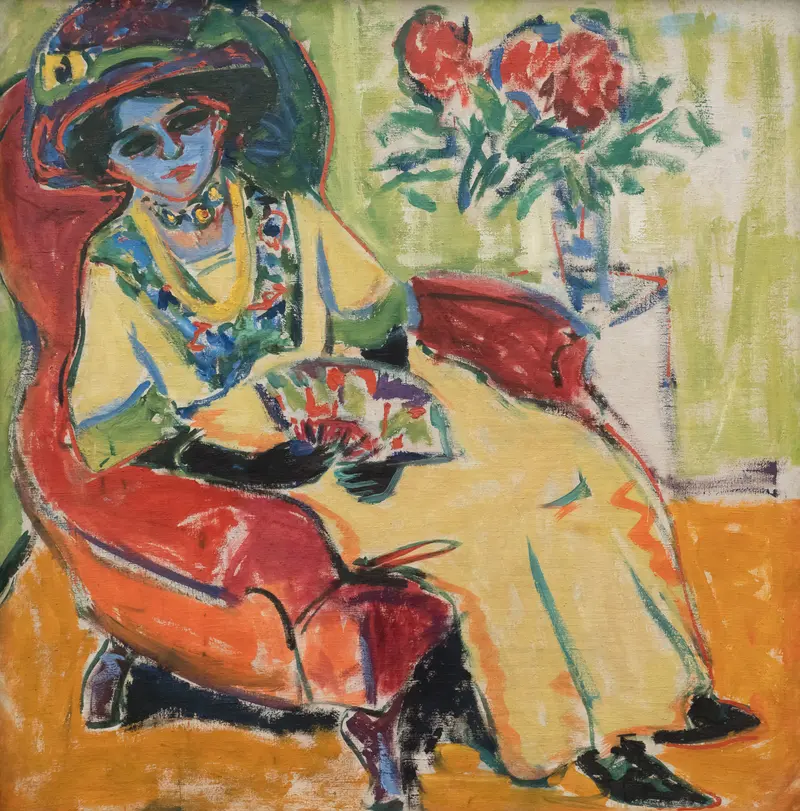 A woman in a yellow dress sits on a red armchair, her face shaded in blue and violet, holding a fan in a vibrant room.