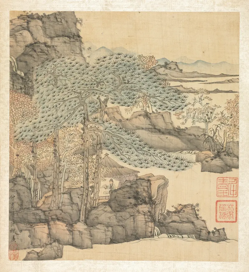 Scholar reading in a thatched hut by a waterfall, ink on paper by Chen Hongshou