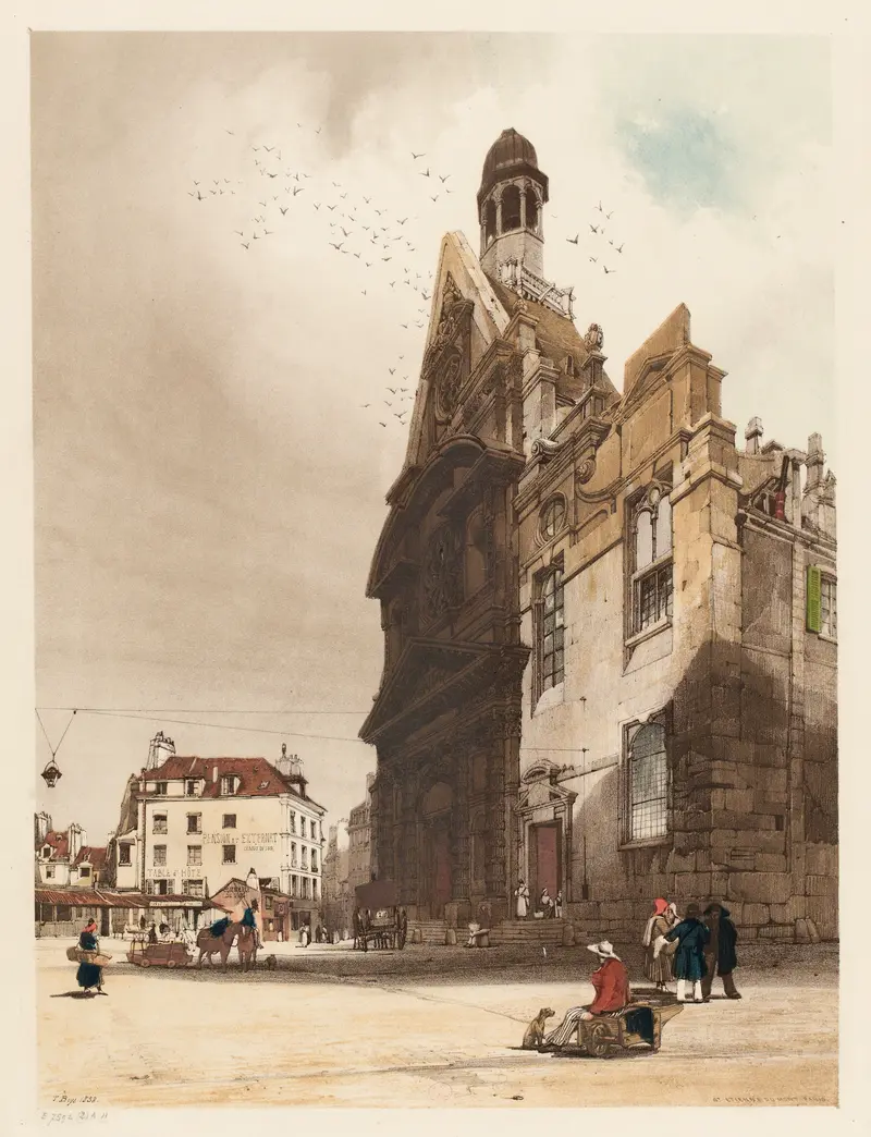 St Etienne du Mont, Paris by Thomas Shotter Boys, oil painting depicting intricate church architecture.
