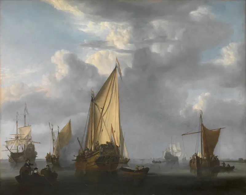 Marine scene with a ship at sunset by Willem van de Velde the Younger, oil painting