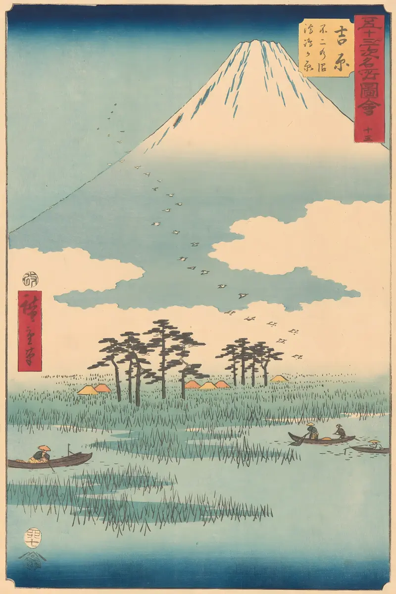 A delicate blue mountain above a marshland with tall grasses, small boats with figures, dark trees, and distant village roofs under soft light.