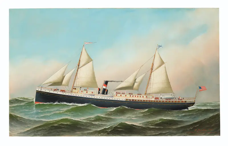 A ship sails across choppy green waves with sails unfurled and smoke trailing from its funnel.