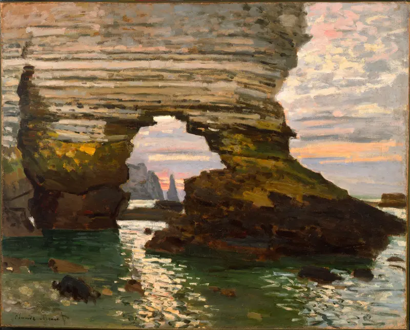 La Porte d'Amont, Étretat by Claude Monet, oil on canvas depicting cliffs and the sea