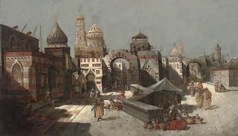 A bustling market scene at ancient city gates with traders and buyers under the sun.