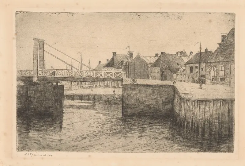 Ophaalbrug in Harlingen by Willem Adrianus Grondhout, oil painting depicting a bridge at sunset