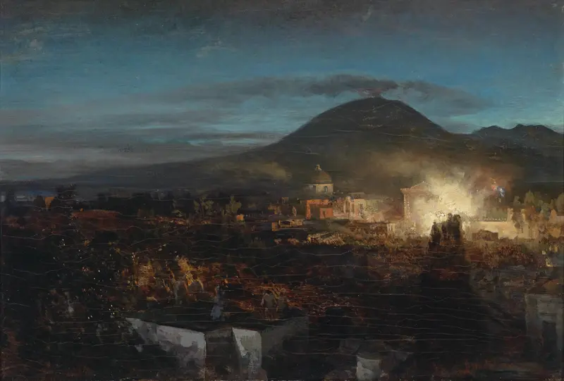 Fireworks illuminate a crowd at dusk in an oil painting by Oswald Achenbach.