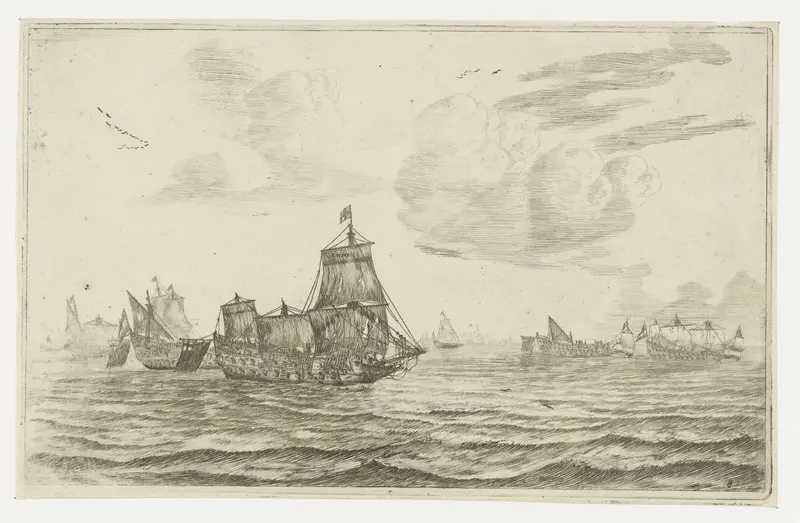 Seascape with ships at dawn, etching by Reinier Nooms
