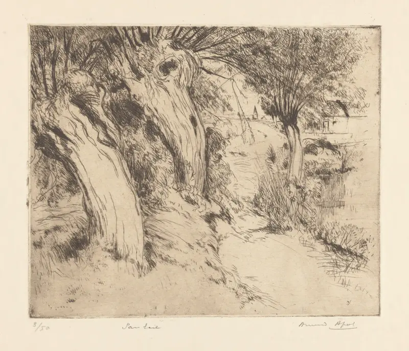 The artwork depicts intimate trees with scarred trunks, a subtle path, and a hint of a roof and sail in the background.