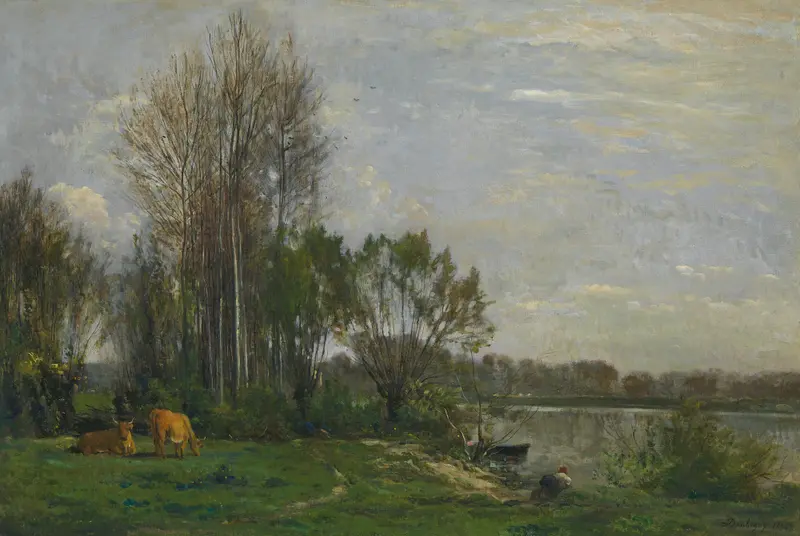 Les Bord De L’oise, oil on canvas by Charles François Daubigny, depicting a tranquil riverside scene.