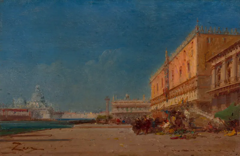 Oil on panel by Félix Ziem depicting a canal in Venice at sunset