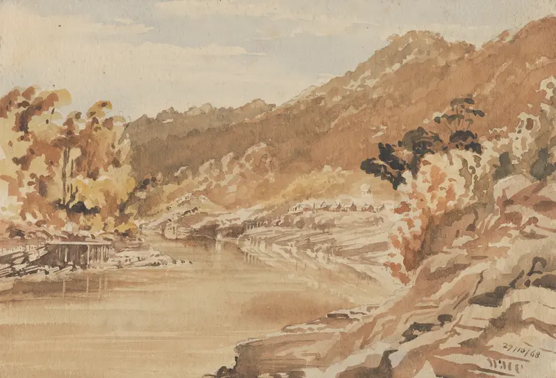 Coal mine and Brunnerton, River Grey by William Marshall Cooper, oil painting depicting a rugged landscape.