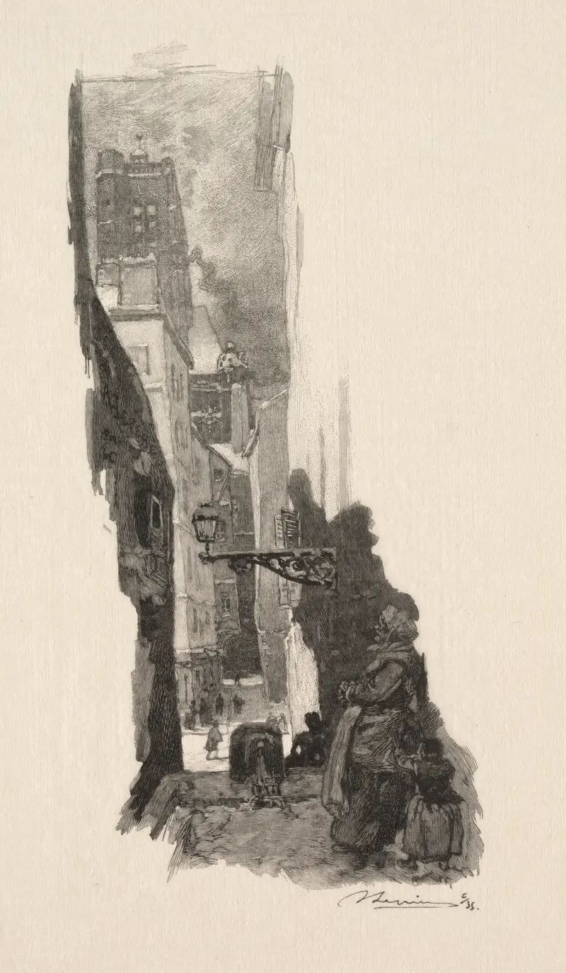 Etching by Auguste Louis Lepère depicting a canal with buildings and reflections.