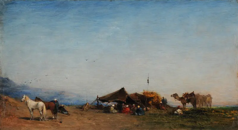 Campement arabe by Narcisse Berchère, oil painting depicting a vibrant tent in a desert landscape.