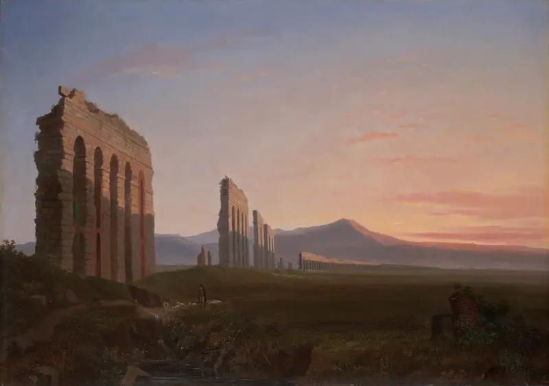 Landscape of the Roman Campagna by Benjamin Champney, oil painting featuring hills and wildflowers.