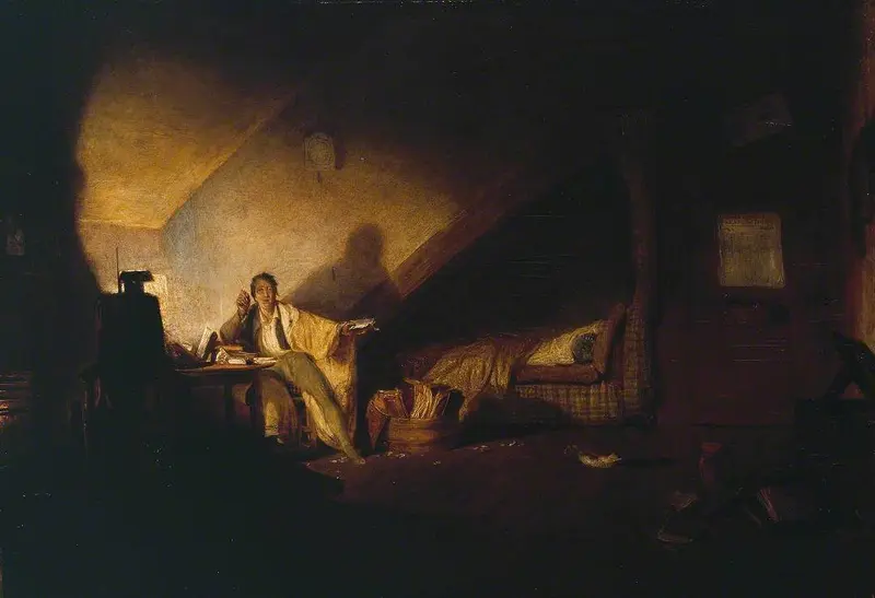A disheveled figure sits at a desk in a cramped attic, pen poised above a petition amidst sparse furnishings.