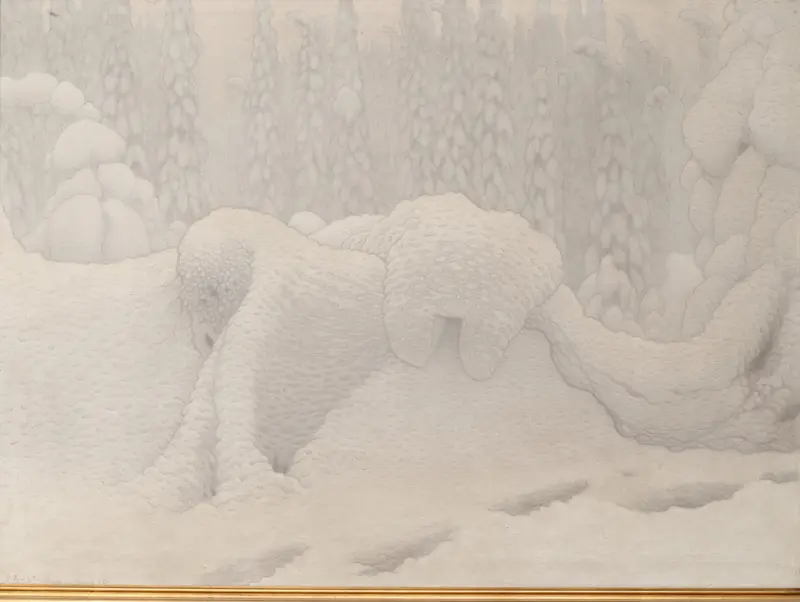Landscape of mountains and valleys in snow by Gustaf Fjæstad, 1904