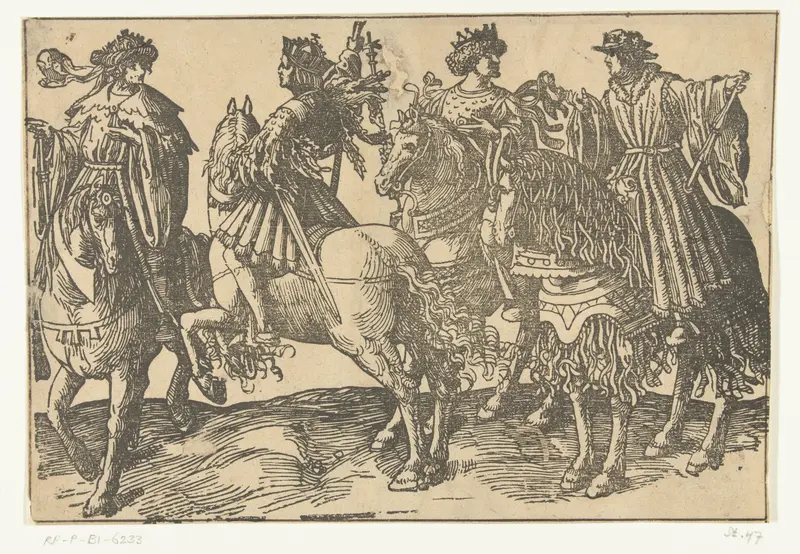 Four armored riders in a historical scene, paper artwork by Jacob Cornelisz van Oostsanen