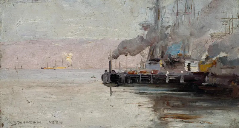 Landscape oil painting by Arthur Streeton featuring earthy tones and vibrant strokes.
