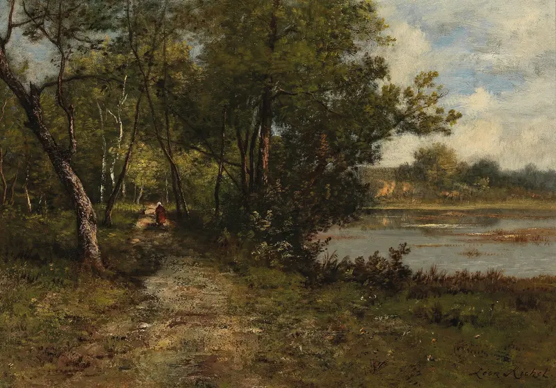 Oil painting by Leon Richet depicting a riverbank with foliage and reflections.