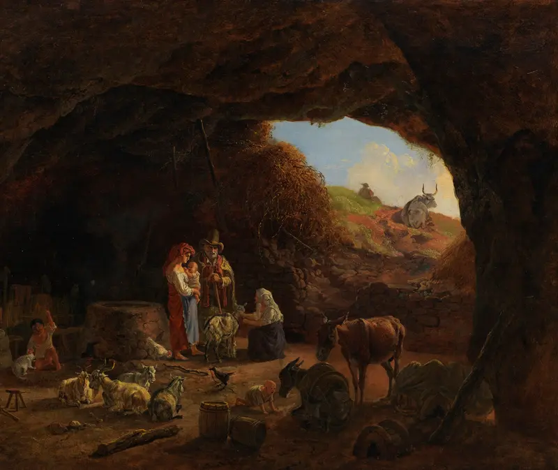 Genre scene depicting a shepherd family in a cave, oil painting by Heinrich Bürkel