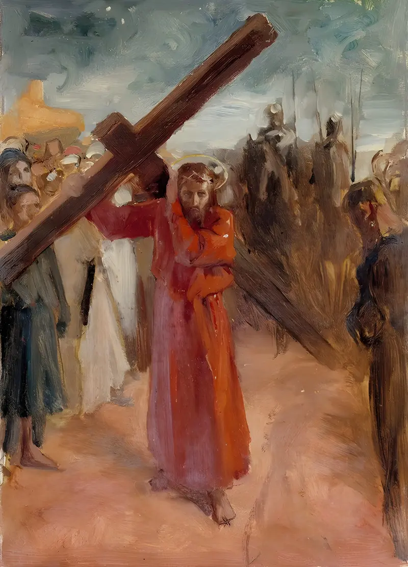 A depiction of Christ carrying the cross, showcasing emotional depth and realism.