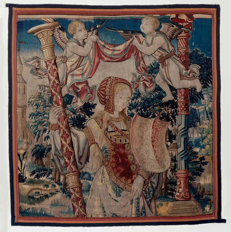 Northern Renaissance tapestry by Unknown Artist featuring two putti in light and shadow