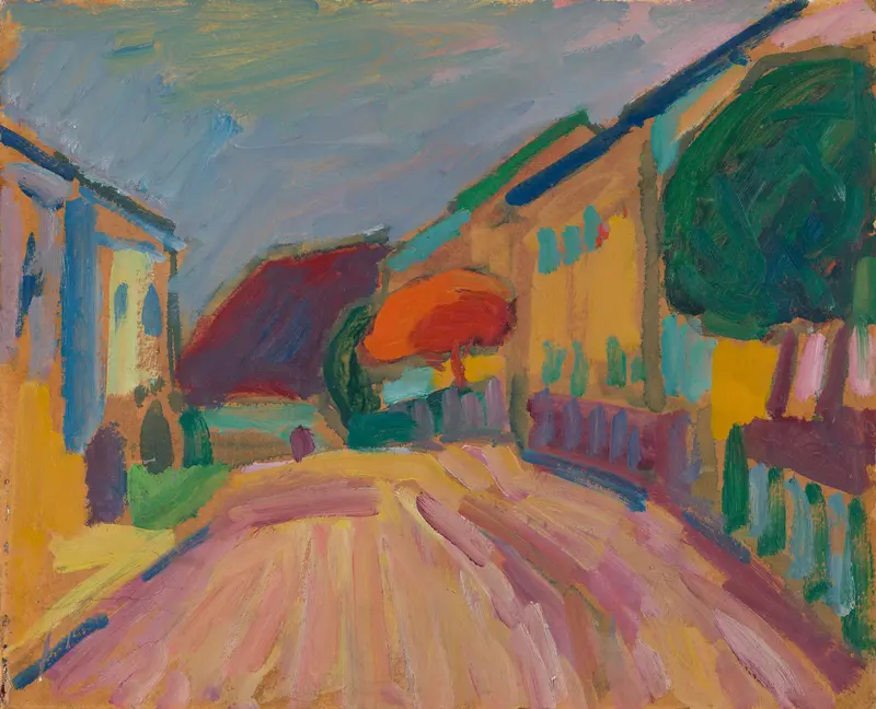 A vibrant village scene with energetic strokes of orange, green, and violet depicting buildings, trees, and a swirling sky.