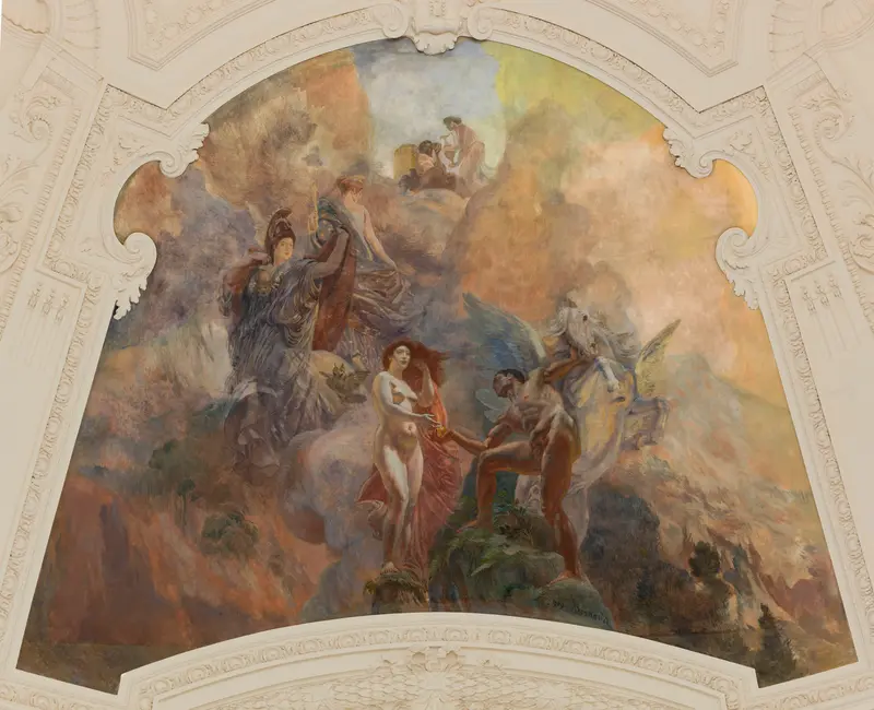 A winged horse and luminous figures emerge from clouds, with a nude woman reaching towards a muscular figure on Pegasus.