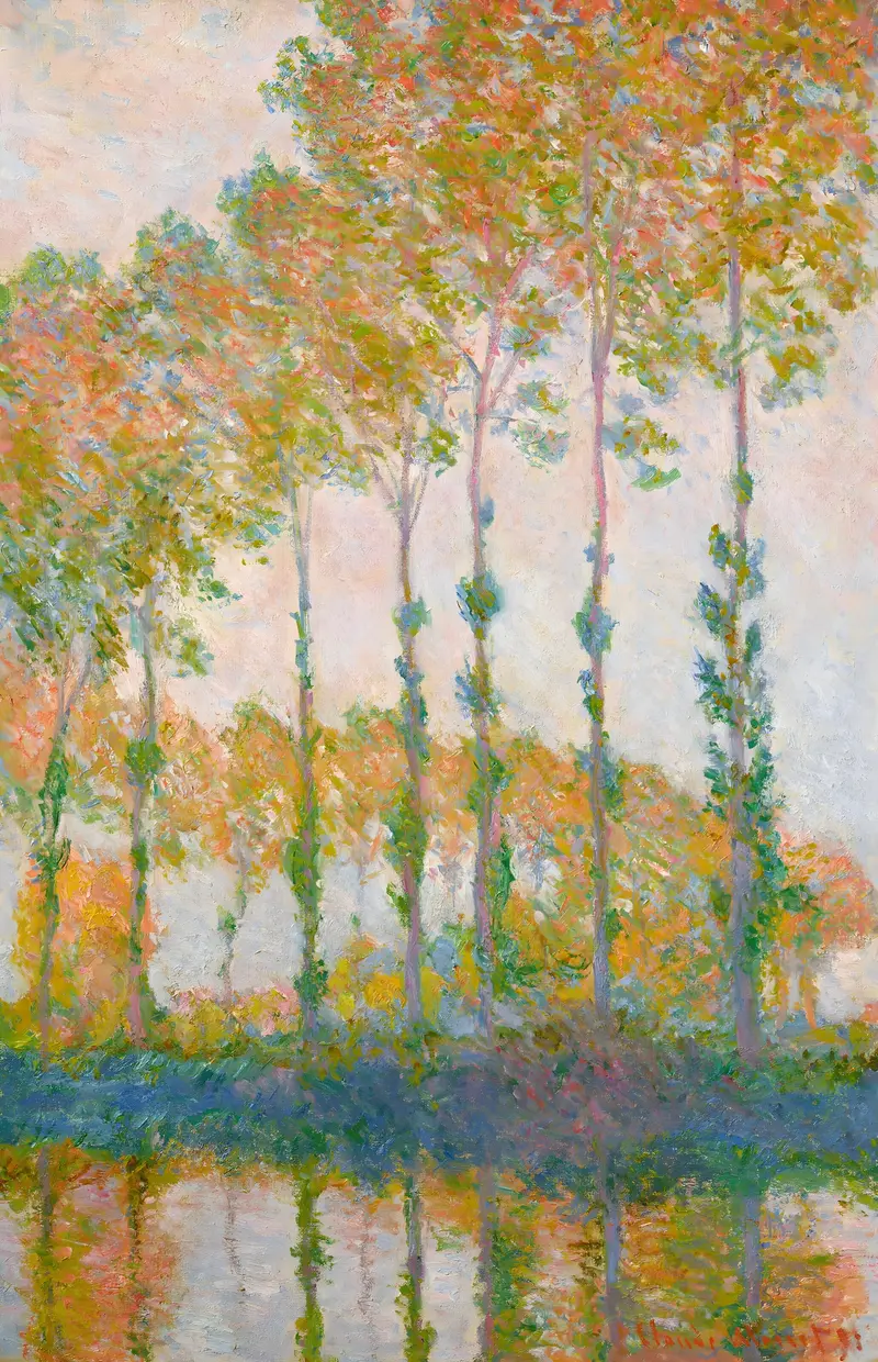 Peupliers au bord de l’Epte, automne by Claude Monet, oil on canvas showing golden poplars and river reflections