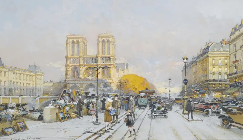 Notre Dame cathedral, oil painting by Eugène Galien-Laloue, illuminated by golden light