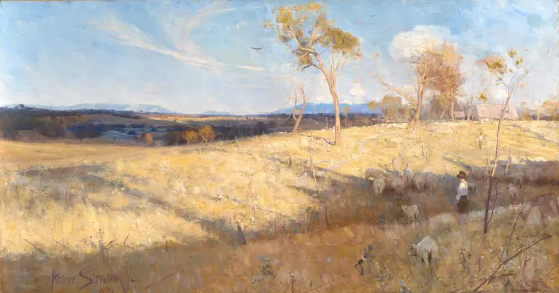 Golden summer, Eaglemont by Arthur Streeton, oil painting of sunlit fields and distant hills.