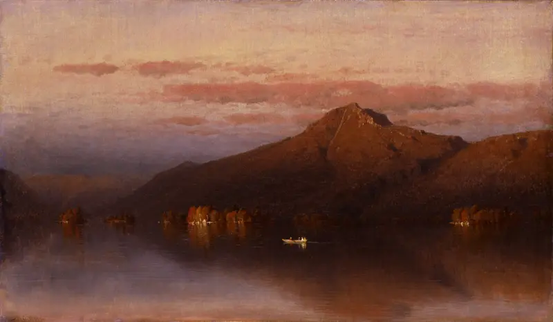 Whiteface Mountain from Lake Placid, oil on canvas by Sanford Robinson Gifford, depicting a tranquil lake and mountain.