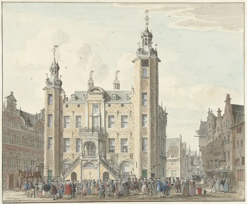 Het stadhuis van Venlo etching by Jan de Beijer depicting a historical town hall facade