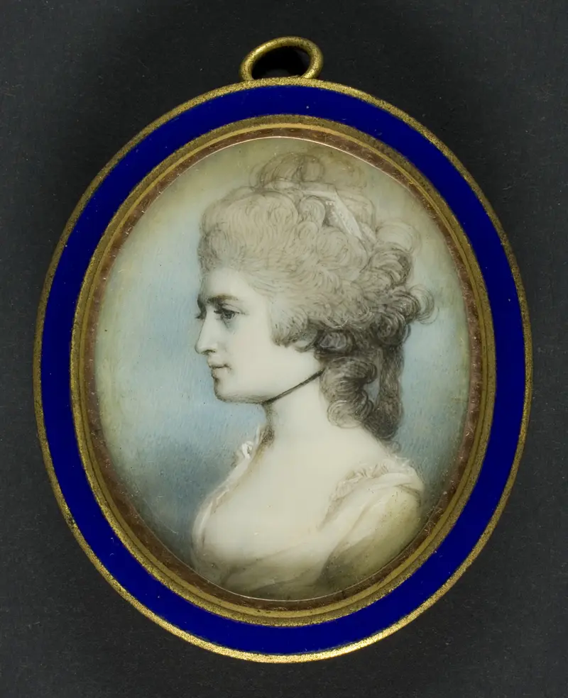 Portrait of a young woman in dark attire, ivory medium by George Engleheart