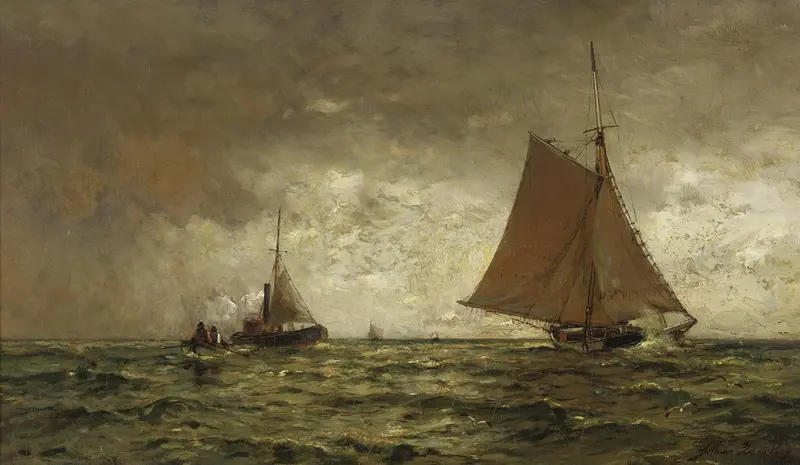 A dramatic marine scene with ships navigating a turbulent sea under a stormy sky.