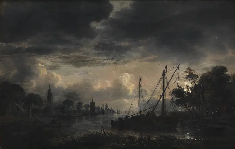 River Landscape in Moonlight by Aert van der Neer, oil painting of a river under moonlight.