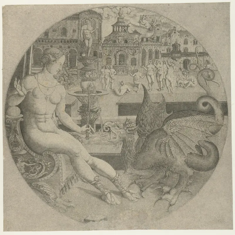 Engraving by Monogrammist AC depicting St. Martha confronting a dragon
